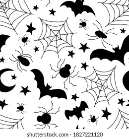 Halloween. Seamless pattern of spiders, cobwebs, bats, moon and stars. White background, isolate. Stock illustration.