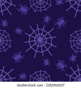 Halloween seamless pattern with spiders and cobwebs. Scary pattern, colorful Halloween print. Autumn wallpaper or party background with spider webs - for fabric, for textiles, for wrapping paper.