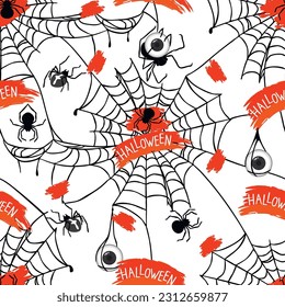 Halloween seamless pattern with spiders and cobwebs. Scary caterpillar and terrible eyes in black color. Hand written text and orange rough spots.Vector print on fabric and paper.White background.