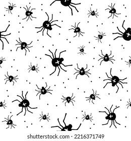Halloween seamless pattern with spiders. Hand drawn or doodle vector illustration. Design element for fabric, banner, wrapping paper.