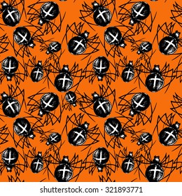 Halloween seamless pattern with spiders, hand drawn vector illustration, sketch style