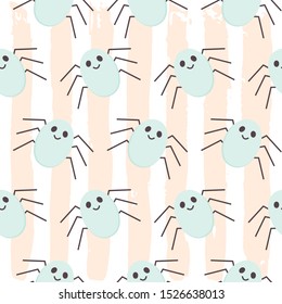 Halloween Seamless Pattern of Spiders icons. Cute Nursery room wallpaper, frame, card. Pastel colors scared Cartoon character isolated on brush background. Printable flat style Vector Illustration