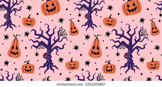 Halloween seamless pattern with spiders, pumpkins, ghost tree on pink background. Simple flat vector illustration.
