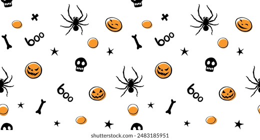 Halloween seamless pattern with spiders, skulls, other holiday symbols. Vector illustration, wrapped paper, background and texture in flat doodle style, isolated.