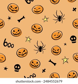 Halloween seamless pattern with spiders, skulls, other holiday symbols. Vector illustration, wrapped paper, background and texture in flat doodle style, isolated.