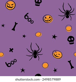 Halloween seamless pattern with spiders, skulls, other holiday symbols. Vector illustration, wrapped paper, background and texture in flat doodle style, isolated.