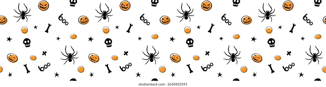Halloween seamless pattern with spiders, skulls, other holiday symbols. Vector illustration, wrapped paper, background and texture in flat doodle style, isolated.