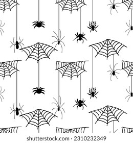 Halloween seamless pattern with spiders and spider webs. Elegant Spooky Holiday Texture Perfect for Gift Wrapping, Home Decor and Textiles. Vector illustration