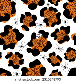 Halloween seamless pattern with spiders and spider webs on leopard print. Elegant Spooky Holiday Texture Perfect for Gift Wrapping, Home Decor and Textiles. Vector illustration