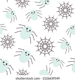 Halloween Seamless Pattern of Spiders and Spiderweb icons. Cute Nursery room wallpaper, frame, card. Pastel colors scared Cartoon character isolated on white. Printable flat style Vector Illustration