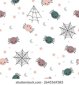 Halloween padrão sem emenda com aranha e teia de aranha. Padrão de vetor desenhado à mão de Halloween assustador em estilo plano