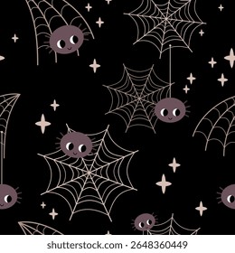 Halloween seamless pattern with spiders and spiderweb. Spooky Halloween hand drawn vector background