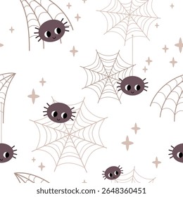 Dia das Bruxas padrão sem emenda com aranhas e teia de aranha. Plano de fundo vetor desenhado à mão de Halloween assustador