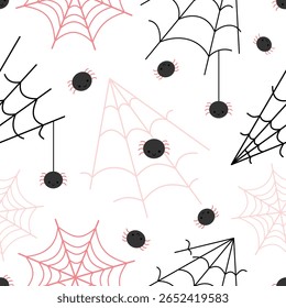 Halloween seamless pattern with spiders and spiderweb. Creepy, Scary, Spooky background.