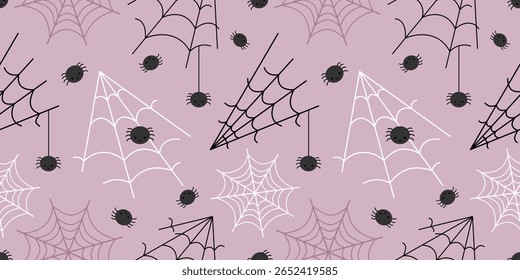 Halloween seamless pattern with spiders and spiderweb. Creepy, Scary, Spooky background.