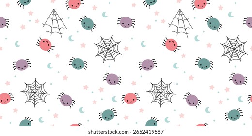 Halloween seamless pattern with spiders and spiderweb. Creepy, Scary, Spooky background.