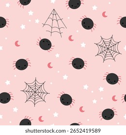 Halloween seamless pattern with spiders and spiderweb. Creepy, Scary, Spooky background.