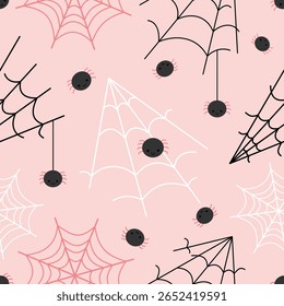 Halloween seamless pattern with spiders and spiderweb. Creepy, Scary, Spooky background.