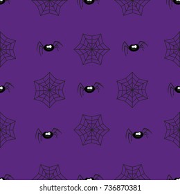 Halloween seamless pattern with spiders and spiderweb on violet background. Vector illustration.
