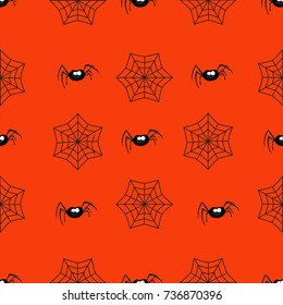 Halloween seamless pattern with spiders and spiderweb on orange background. Vector illustration.
