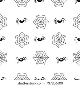 Halloween seamless pattern with spiders and spiderweb on white background.