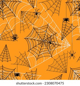 Halloween seamless pattern with spiders and spiderwebs. Elegant Spooky Holiday Texture Perfect for Gift Wrapping, Home Decor and Textiles. Vector illustration