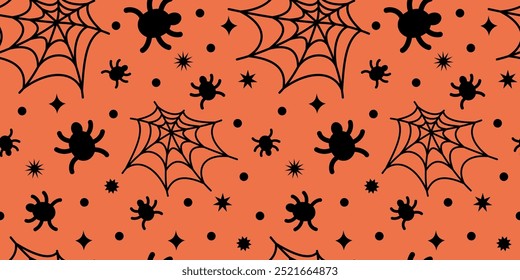 Halloween seamless pattern with spiders and web on orange background. Simple flat vector illustration.
