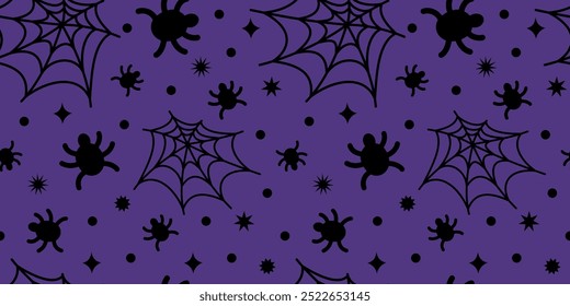 Halloween seamless pattern with spiders and web on purple background. Simple flat vector illustration.
