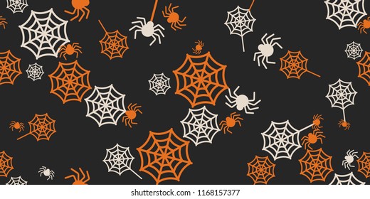 Halloween seamless pattern, A lot of spiders and webs in halloween colors on black background.Vector illustration.