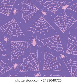 Halloween seamless pattern with spiders and webs on purple background for wallpaper, scrapbooking, stationary, textile prints, wrapping paper, etc. EPS 10