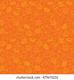 Halloween seamless pattern with spiders, witch cauldron, bat, ghost, pumpkin, leaves and bubbles on orange background. Decoration for greeting card, poster, banner, flyer design. Vector illustration