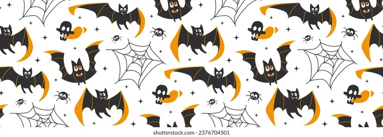 Halloween seamless pattern. Spooky bat and spiders. Pattern for background, printing on wrapping paper, wallpaper or fabric. Vector flat illustration.