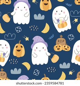 Halloween Seamless Pattern with Spooky Cartoons, Pumpkins, and Ghost - Festive Decorative Design for October Celebrations