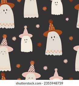 Halloween seamless pattern, spooky digital paper  with cute ghost characters for baby and nursery party decor. Vector repeating background for fabric, wallpaper, wrapping paper and surface design