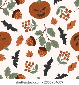 Halloween seamless pattern, spooky digital paper with jack'o lanterns, bats and fall leaves repeating background for fabric, wallpaper, wrapping paper and surface design, kids party decoration