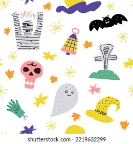 Halloween seamless pattern with spooky elements. Vector hand drawn illustrations. Mummy, bat, lantern, ghost, skull, hat, grave. Colorful seasonal elements. Autumn celebration design. 