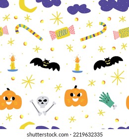 Halloween seamless pattern with spooky elements. Vector hand drawn illustrations. Pumpkins, bats, sweets, moon, clouds, candles, skull, bones. Autumn seasonal design. 