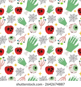 Halloween seamless pattern with spooky elements. Hand drawn doodle pattern design for textile, wallpaper, wrapping paper, background