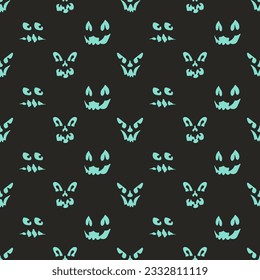 Halloween seamless pattern with spooky faces in cartoon style. Scary and creepy silhouette of faces for Halloween. Pattern with frightful faces for Halloween design.