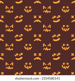 Halloween seamless pattern with spooky faces in cartoon style. Scary and creepy silhouette of faces for Halloween. Pattern with frightful faces for Halloween design.