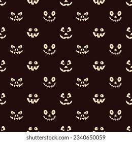 Halloween seamless pattern with spooky faces in cartoon style. Scary and creepy silhouette of faces for Halloween. Pattern with frightful faces for Halloween design.