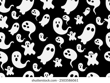 Patrón sin fisuras de Halloween. Fantasma espeluznante sobre fondo negro. Para tarjetas, marcos, carteles, cubiertas de libros, textiles, Fondo de pantalla, envolturas y telas. 