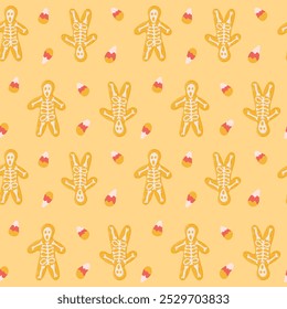 Halloween seamless pattern with spooky gingerbread man and candy corn. Hand drawn scary lollipops, witchy cupcakes and corn candies. Cute print design for Halloween on yellow background