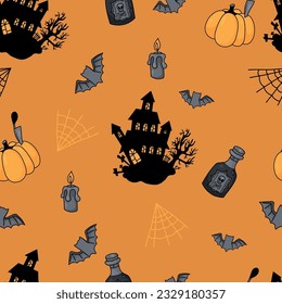 Halloween Seamless pattern with spooky house on orange background with bats, pumpkin, burning candle and cobwebs. Vector illustration for festive design, packaging, wallpaper, textile.