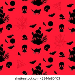 Halloween Seamless pattern with spooky house on red background with skulls, bats, black cat and cobwebs. Vector illustration for festive design, packaging, wallpaper, textile.