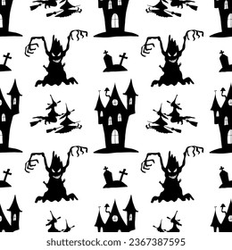 Patrón sin fisuras de Halloween. Casa espeluznante, árbol temible, brujas, siluetas negras. Arte vectorial sobre fondo transparente.