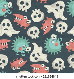 Halloween seamless pattern with spooky monsters, ghosts and skulls on a dark blue background. Desaturated muted colors with a grunge texture. Funny characters for childish design