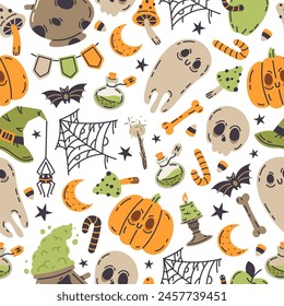 Patrón sin fisuras de Halloween. Símbolos de vacaciones de octubre espeluznante interminable diseño, fantasma, calabaza, calavera y caldero de veneno de bruja ilustración de fondo de Vector plano. Dibujado a mano aterrador patrón de otoño