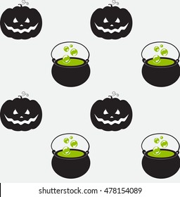 Halloween Seamless Pattern. Spooky Paper. Pumpkin and Cauldron Style. Holiday Wallpaper. Vector illustration
