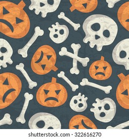 Halloween seamless pattern with spooky pumpkins, bones and skulls on a dark background. Desaturated colors (dark blue, off-white, orange) with a grunge texture. Comic background for childish design